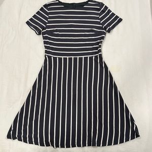 LOFT fit and flare gray striped dress with open back, size 10